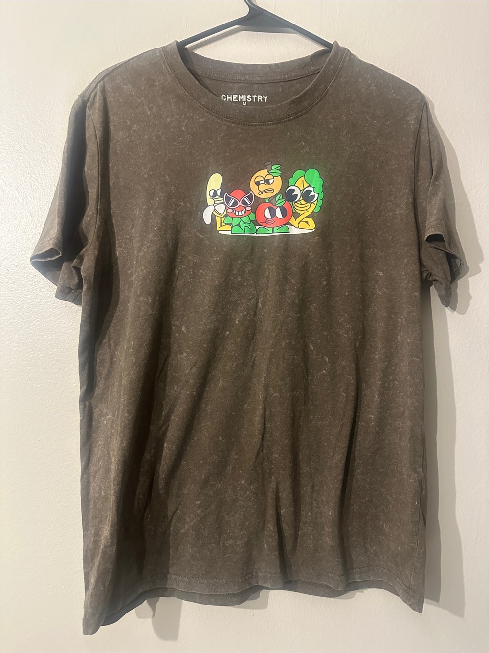 Too fresh too care Chemistry Brown Tee with Colorful Fruit Crew Graphic Sz M